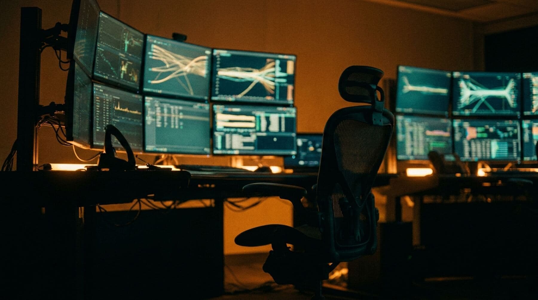 A dark operations room with rows of monitors glowing amber and teal