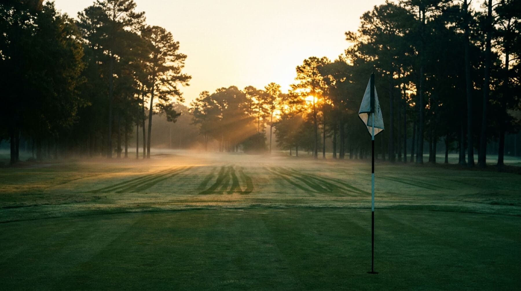 A golf green at dawn with a flagstick, mist drifting over striped fairway grass