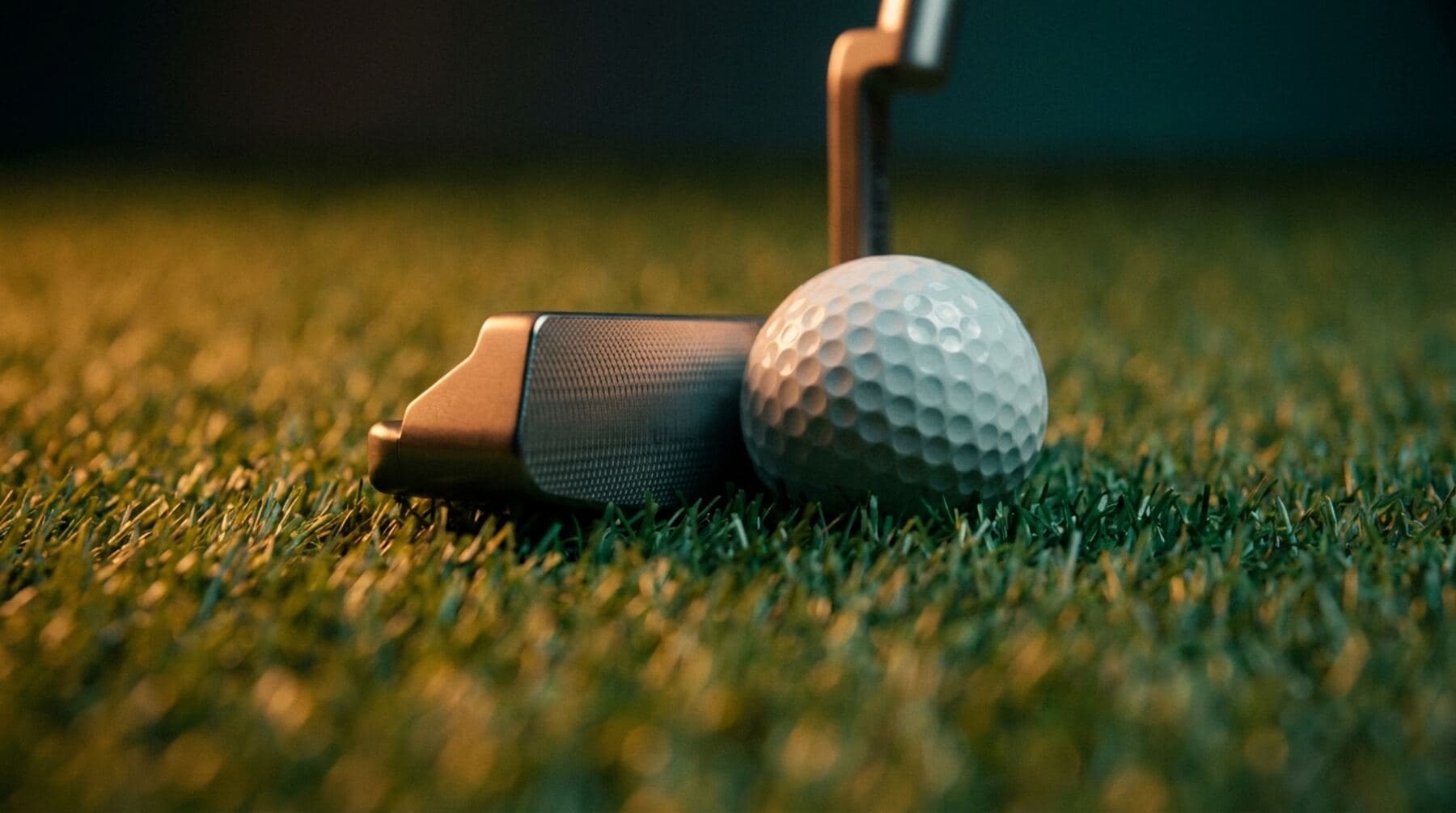 Macro photograph of a putter face meeting a golf ball on a putting green